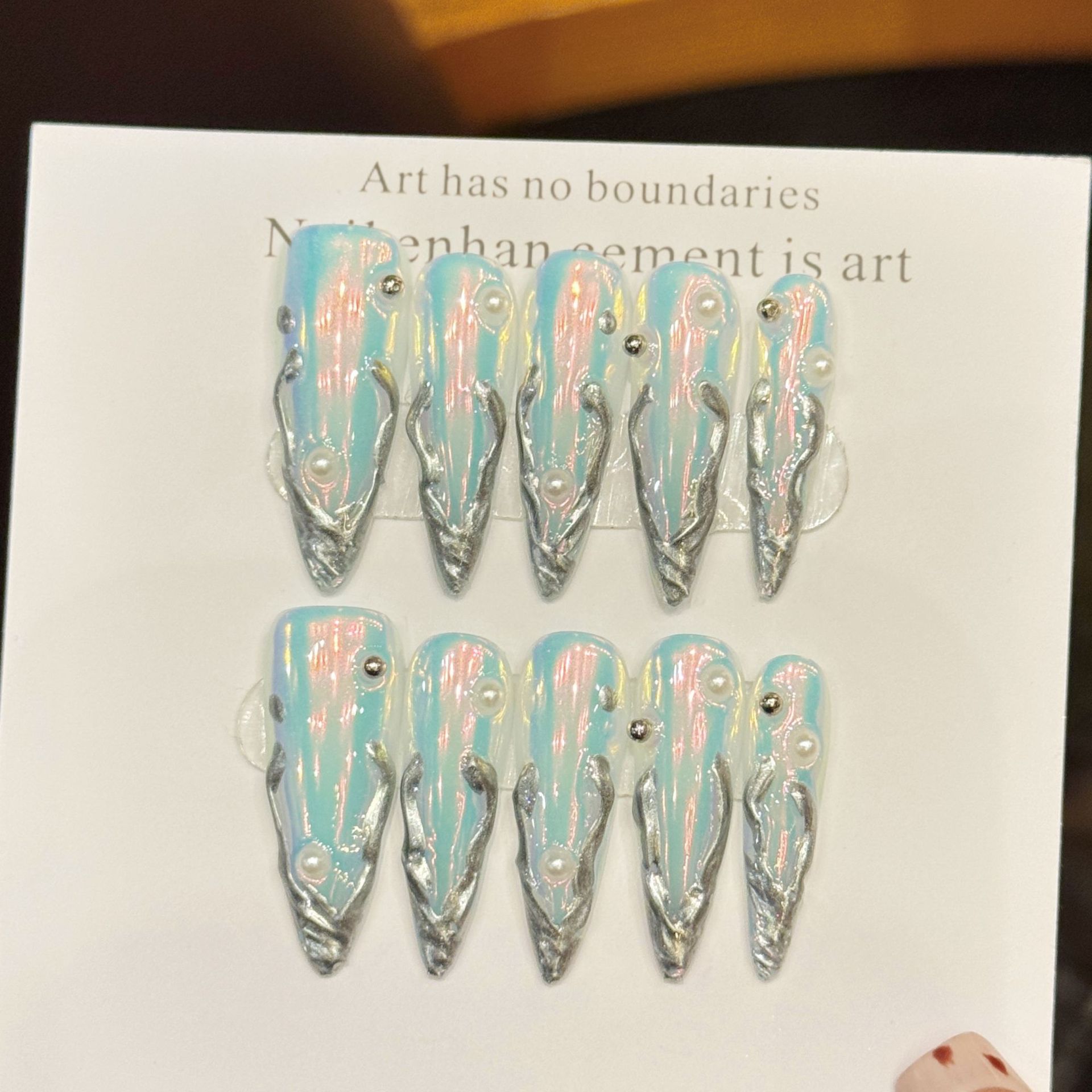 Nail Art Aesthetic - 10pcs Silver Aurora Long Stiletto Fake
