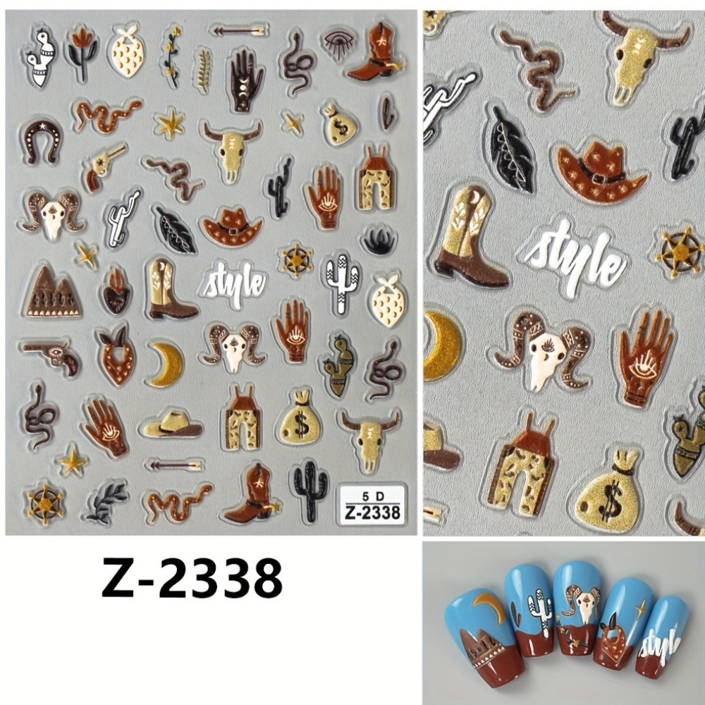 5D 3D Relief Brown Western Cow - Nail Art France 评论和价格