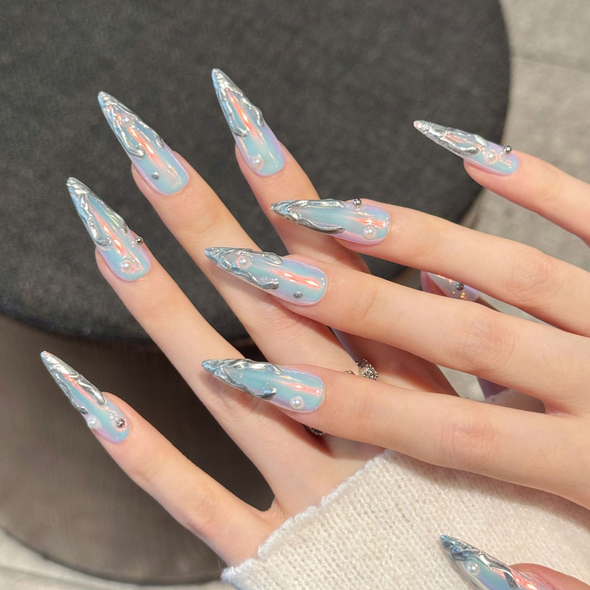 10pcs Silver Aurora Long Stile - Nail Art Aesthetic 评论和价格