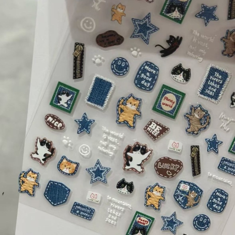 American Retro Denim Cat 3D Re - Nail Art Denim 评论和价格