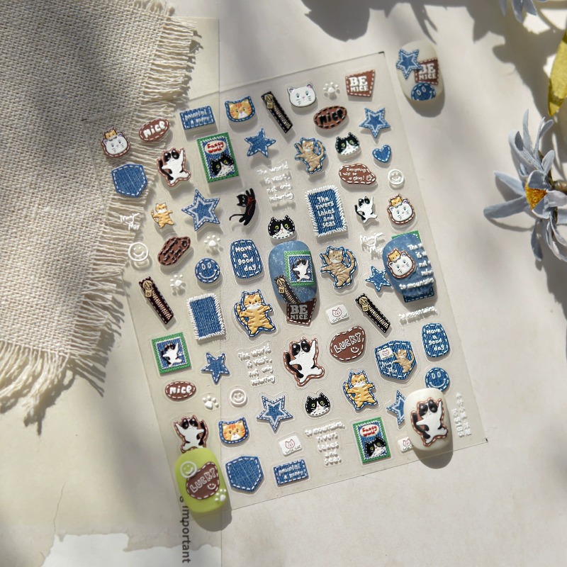 American Retro Denim Cat 3D Re - Nail Art Denim 评论和价格